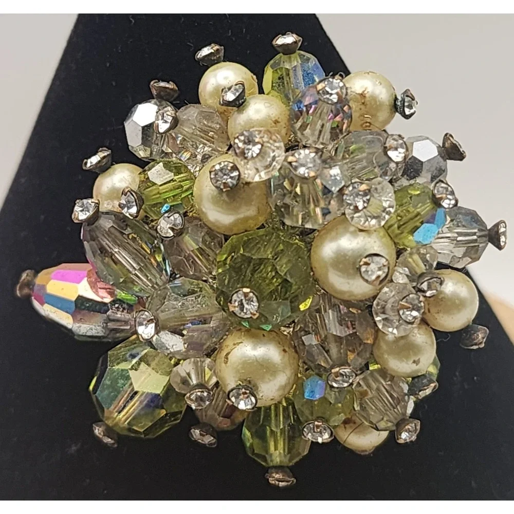 Vintage Vendome Aurora Borealis Crystal Faux Pearl Green Glass Cluster Brooch